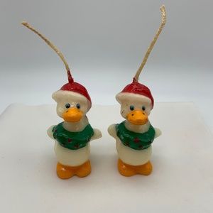 Vintage Christmas Ducks with Santa Hats Set of Two Long Wick Christmas Candles
